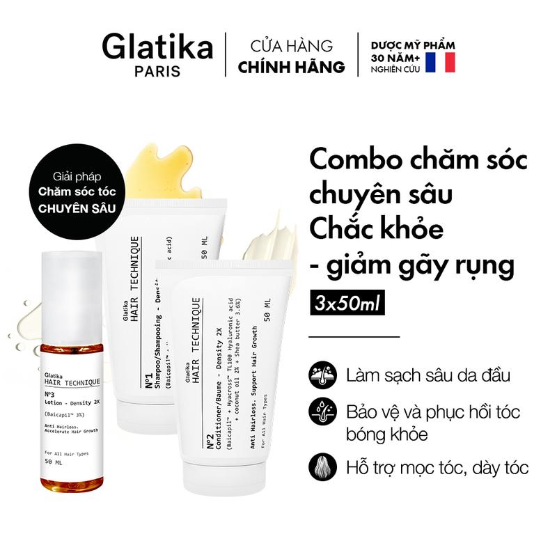  Combo dầu gội dầu xả và xịt tóc cung cấp dưỡng chất  giúp tóc chắc khoẻ - Glatika Hair Technique Conditioner 50ml & Lotion 3% Baicapil 50ml 