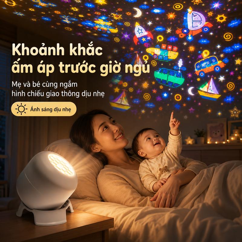Đèn chiếu hình cho trẻ em – chủ đề phương tiện giao thông/thế giới đại dương; đèn chiếu thú vị với ánh sáng dịu nhẹ không gây hại mắt, đồ chơi giáo dục sớm giúp trẻ phát triển trí não; đèn tạo không khí thiết yếu cho phòng trẻ em.