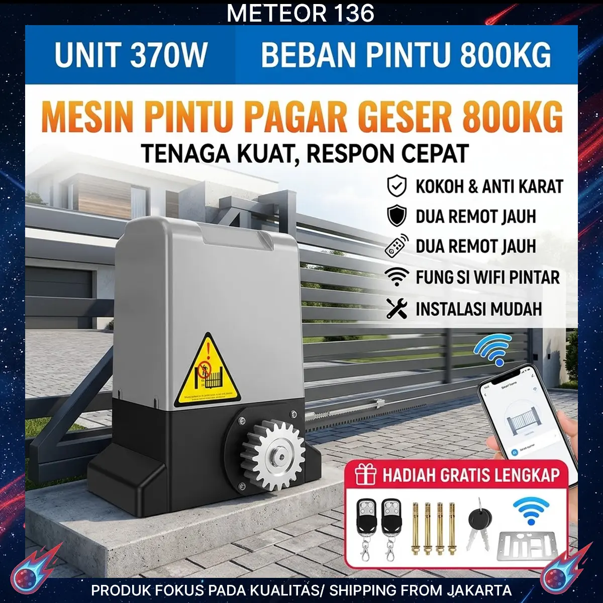 Mesin Pintu Pagar Geser Otomatis 800kg 370W Sliding Gate Motor Remote Control WiFi Smart Home Pembuka Pintu Elektrik Heavy Duty Anti Karat