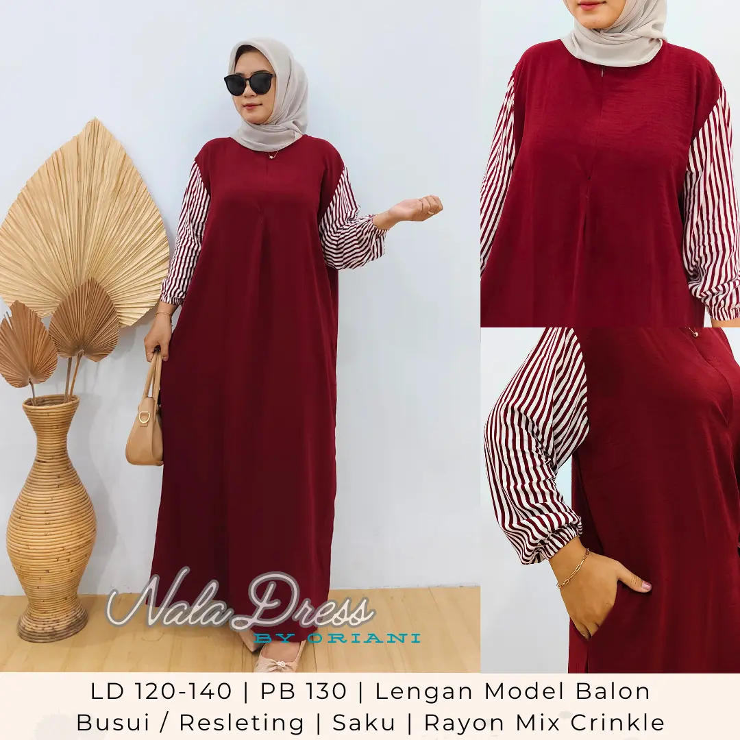 Nala Dress LD 110 - LD 140 Daster Gamis Lengan Panjang Bahan Kombinasi Crinkle Rayon Premium - Oriani Wanita Muslim Tebal Kain Airflow