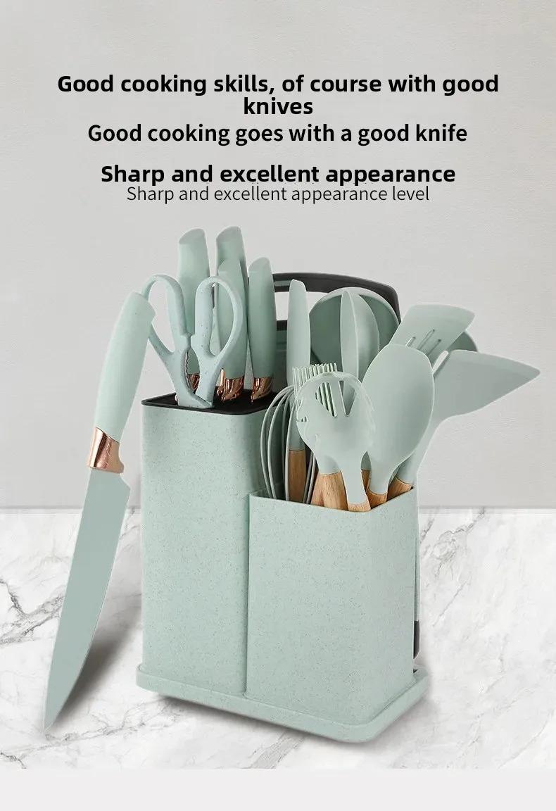 Tabela de medidas — Conjunto de 19 utensílios de cozinha de silicone antiaderente, incluindo espátula, concha para sopa e jogo de facas com cepo.