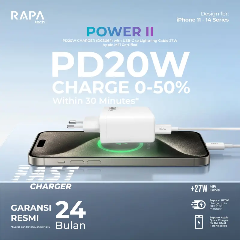 RAPA tech Power II Charger for Iphone X 11 12 13 14 15 16 17 PD20W /35W /45W MFi Certified+AVS Technology+GaN 3.0 Charger for iPhone Fast Charging