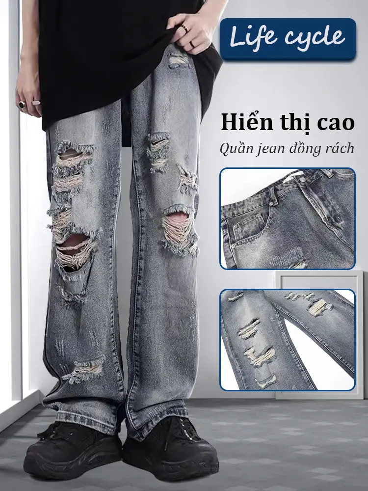 Life cycle Quần Jean Rách Thương Hiệu Hợp Xu Hướng Đường Phố Cao Cấp quần jeans nam ống Đứng rộng suông quần bò nam boy phố quần dsq Menswear