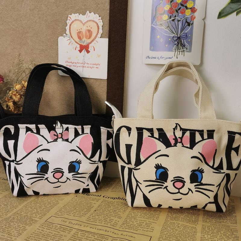 Product Introduction of GENTLEWOMAN Soft women sling bag, Thai cute cat design, zipper closure, 2 colors available (white and black), made of canvas, suitable for women 0