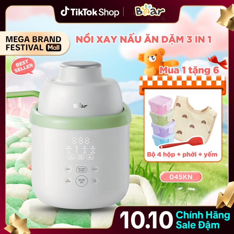 [10/10 MUA 1 TẶNG 6] Nồi xay nấu cháo ăn dặm 3 in 1 Bear 045KN (chính hãng), phù hợp cho bé từ 6 - 10 tháng, Nấu cháo ăn dặm nhừ, tự động xay nhuyễn, không cần ray lọc lại, dung tích lòng nồi 0,35ml tiết kiệm thời gian - Bảo hành 18 tháng