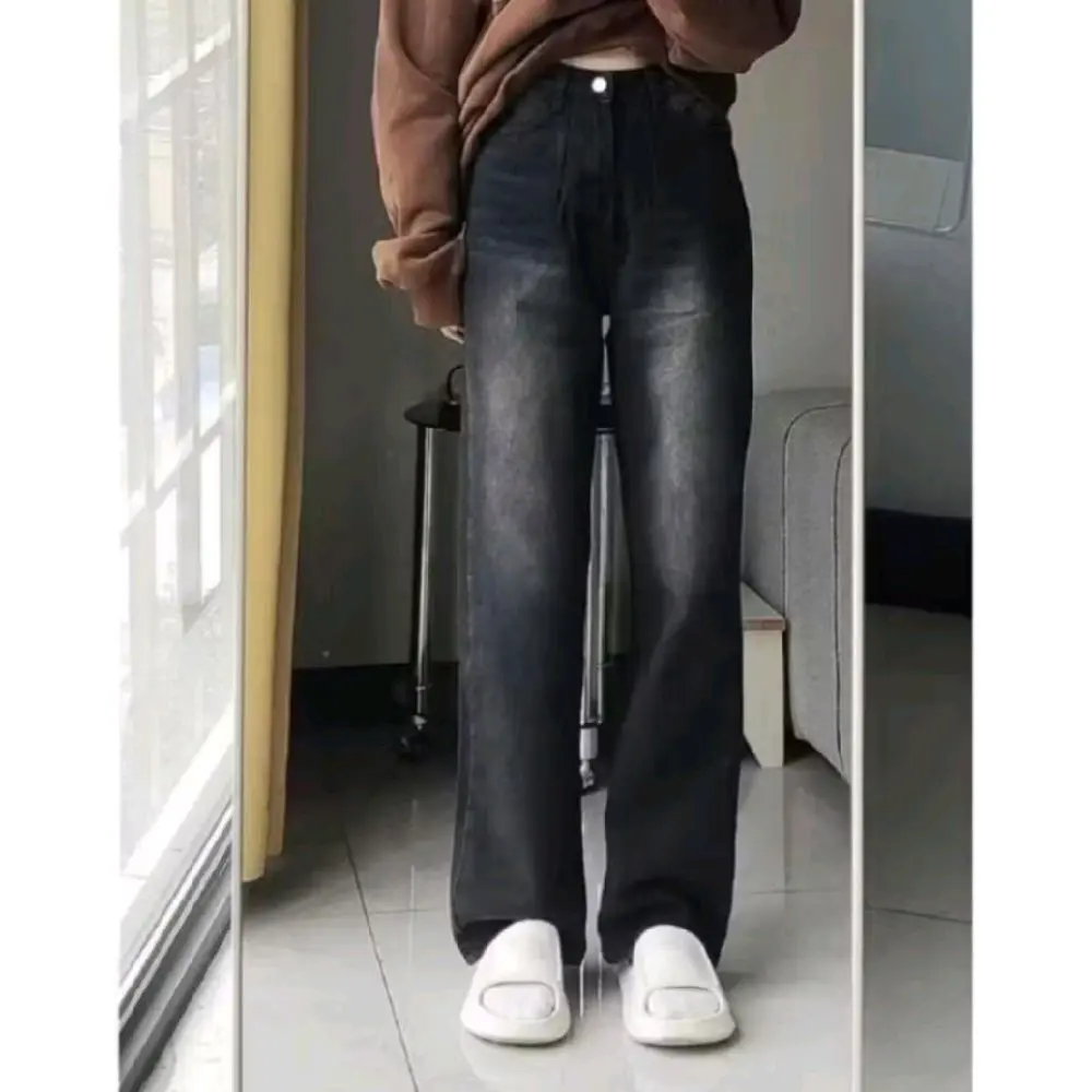 Celana Baggy Loose Wisker Skena Korean Style Jeans Straight Highwaist Premium Quality Hitam Panjang Standar