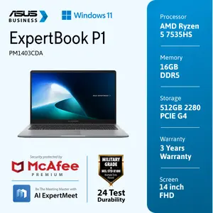 ASUS ExpertBook PM1 [PM1403CDA-S65150WS] AMD R5-7535HS/DDR5 16G/512G/14.0/VIPS/FHD (1920x1080)/Win 11 Home/OHS+M365/50WH/WIFI6E/3Y (1Y ADP)//Backlit KB/BACKPACK/McAfee 1 year