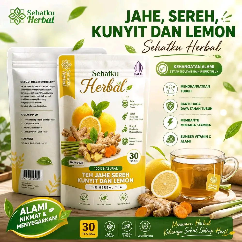 Sehatkuherbal Teh Jahe Sereh Kunyit Dan Lemon Tea Herbal Tea Isi 30 Teh Celup Minuman Hangat Segar Anti-inflamasi & Pereda Nyeri - Asam
