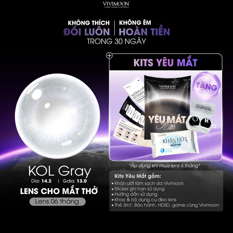 6 MONTHS Kính áp tròng KOL Gray VIVIMOON LENS cận màu xám trong ánh xanh ngọc cho mắt thở chất liệu Silicone Hydrogel đeo êm mềm HSD 6 tháng Giá 01 đôi