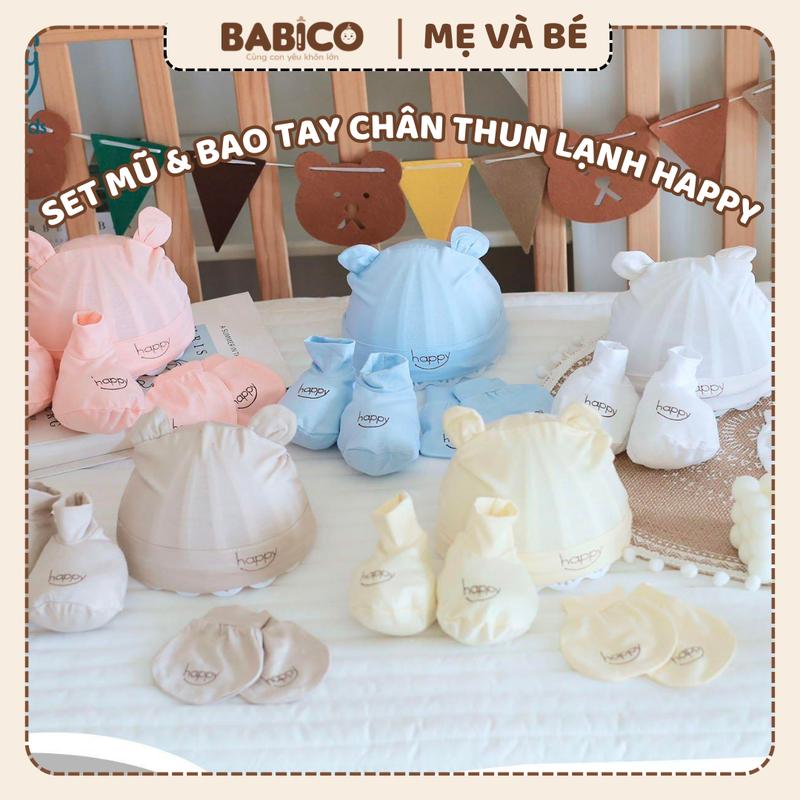 Set Mũ Kèm Bao Tay Bao Chân Happy Vải Thun Lạnh Mềm Mại Cho Bé Cho Bé 0-3 Tháng HAPPY