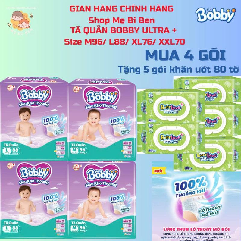 [MUA 4 TẶNG 5 GÓI KHĂN ƯỚT 80] Bỉm tã Bobby Ultra cho bé Size M96-L88-XL76-XXL70-XXXL29+4 miếng