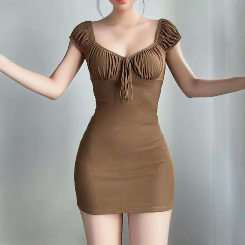  Đầm body nữ tay ngắn bo nhún lưới mềm nhiều màu basic cá tính Lolystore đầm trơn NH403 