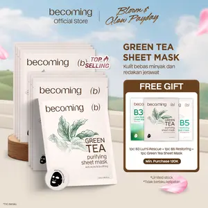 becoming Green Tea Purifying Sheet Mask 25ml - Masker Wajah Anti Jerawat & Menenangkan Kulit Berjerawat dengan Panthenol & Asam Salisilat