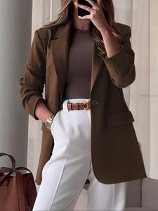 Chaqueta blazer de invierno para mujer en color sólido, con bolsillos y diseño de solapa, corte holgado, ideal para la oficina y uso diario, ropa esencial de invierno