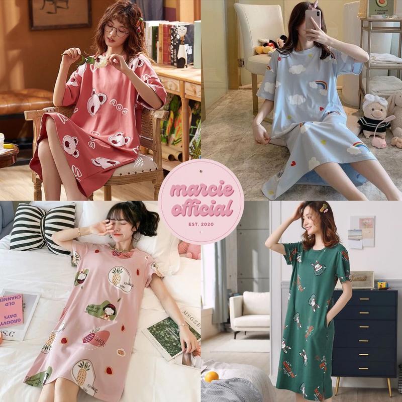 Baju Tidur Wanita Daster Dewasa Motif Gaun Malam Piyama Kaos Fashion Perempuan Remaja Murah Kekinian Lengan Pendek 0