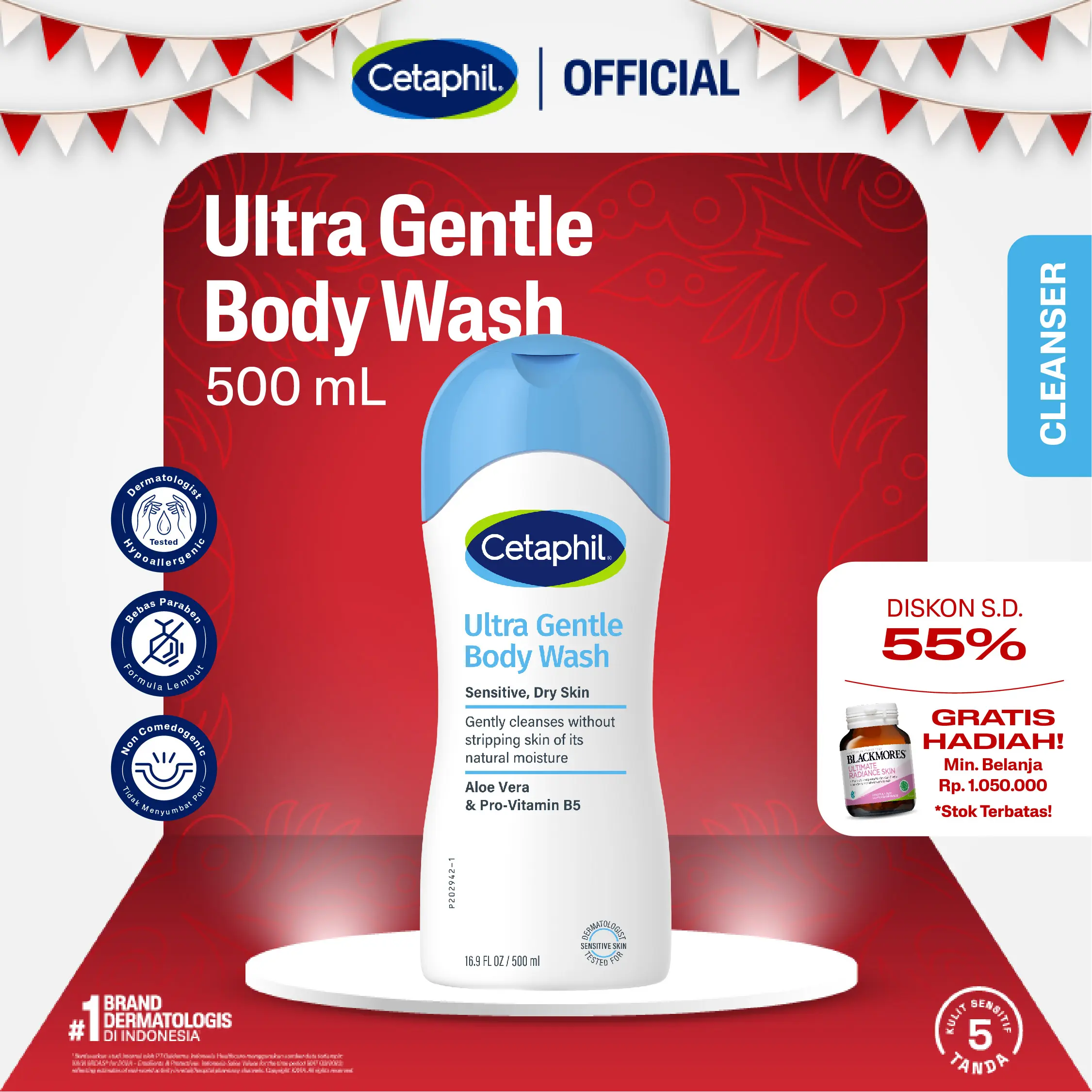 Cetaphil Ultra Gentle Body Wash 500ml dengan Aloe Vera dan Pro Vitamin B5 Sabun Mandi untuk Perawatan Tubuh Cocok Untuk Kulit Kering, Normal dan Sensitif