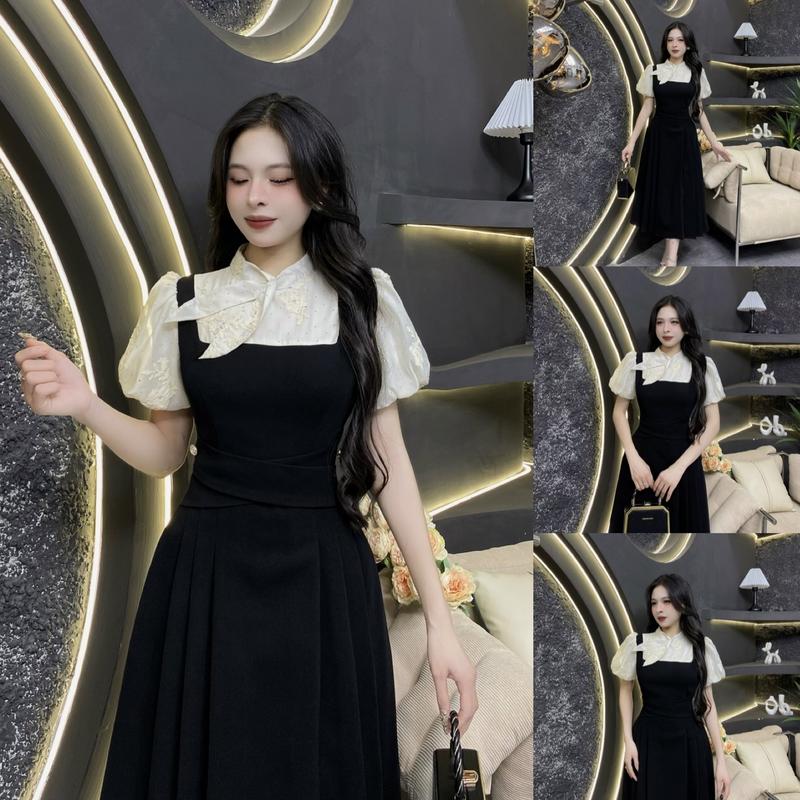 D25 - Váy Thiết Kế Evii dành cho nữ, Đầm thiết kế cổ trụ nơ liền cách điệu, phối tơ thêu kết hợp đá ép nhiệt dáng A xếp ly dài phù hợp đi làm, đi chơi và đi dự tiệc. Có Bigsize Women Dress