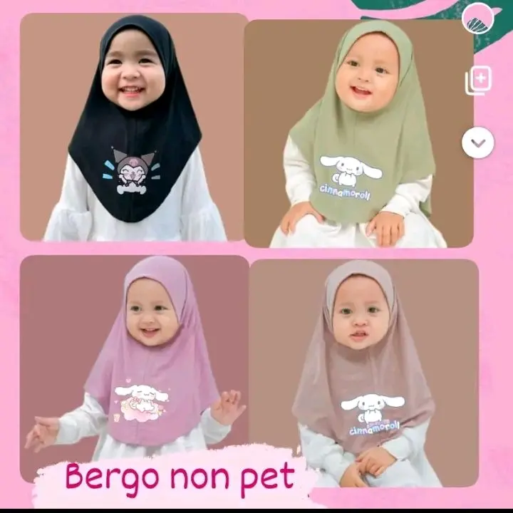 BERGO ANAK KUROMI CINNAMOROLL MELODI NON PET USIA 3-6 TAHUN MUSLIMAH JILBAB NYAMAN INSTAN BAYI KERUDUNG