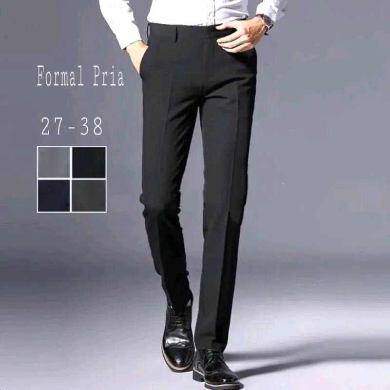 Celana Panjang Pria Formal Slimfit Bahan Dasar Kantor Kerja Hitam Nyaman Katun Casual Lembut - R-BOND, Kain Abu Muda Navy