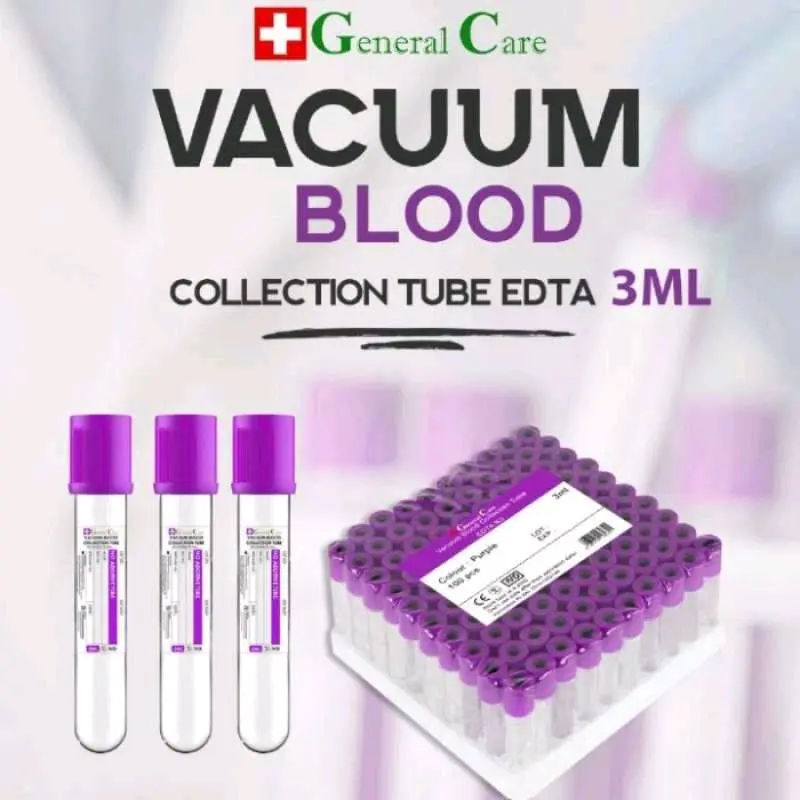 General Care Tabung EDTA K3 3ml Vacutainer Wadah Koleksi Darah dengan Desain Vacuum