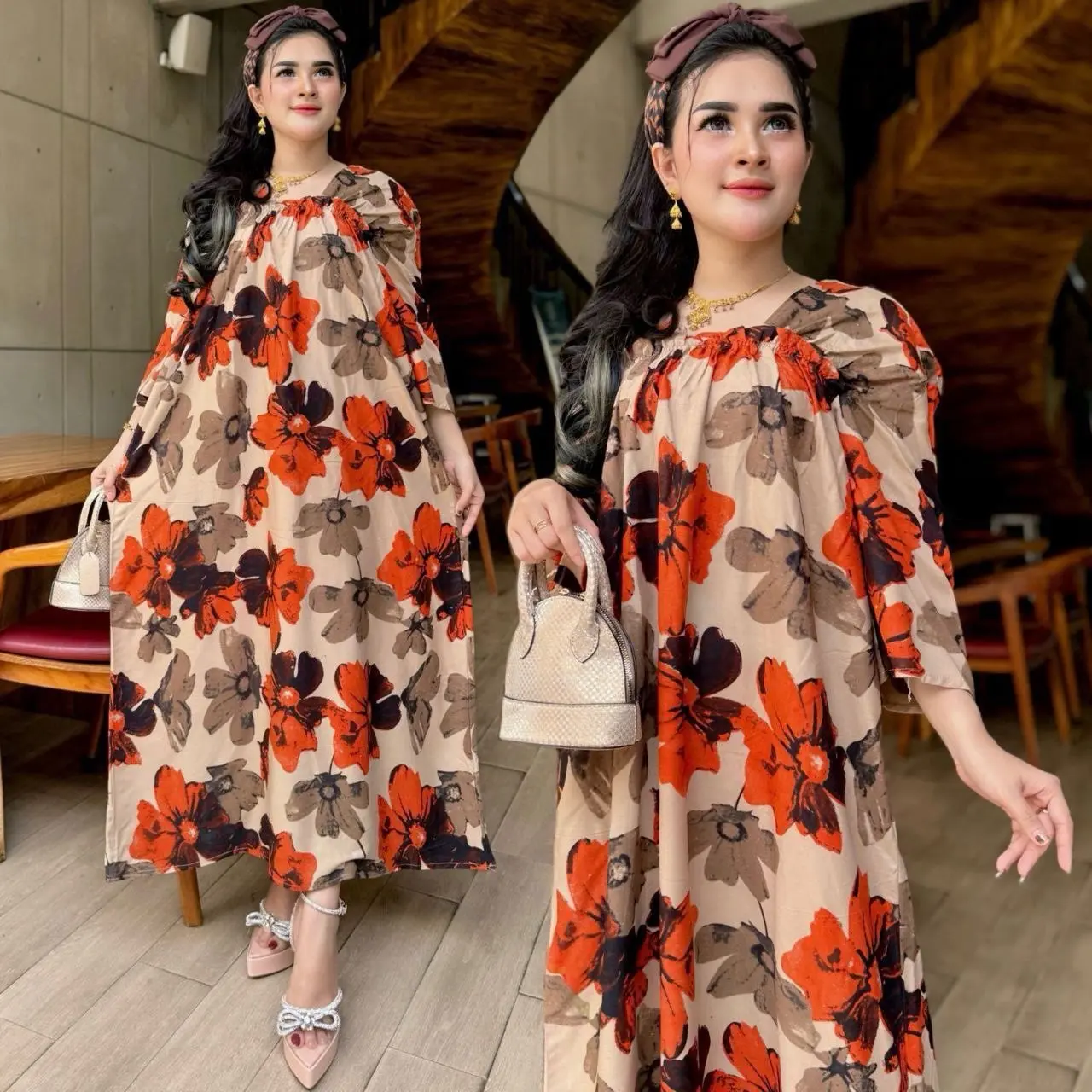 Long Dress Fuji Rayon Jumbo LD 120 Lengan 7/8 Daster Fuji Panjang Semata Kaki Motif Bunga Kekinian Daster Rayon Jumbo Kekinian Nyaman Midi Dress Wanita