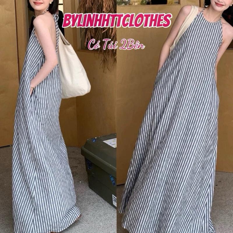 Túi 2bên| Đầm maxi cổ yếm dáng dài sọc chun lưng váy đi biển 2 dây nữ