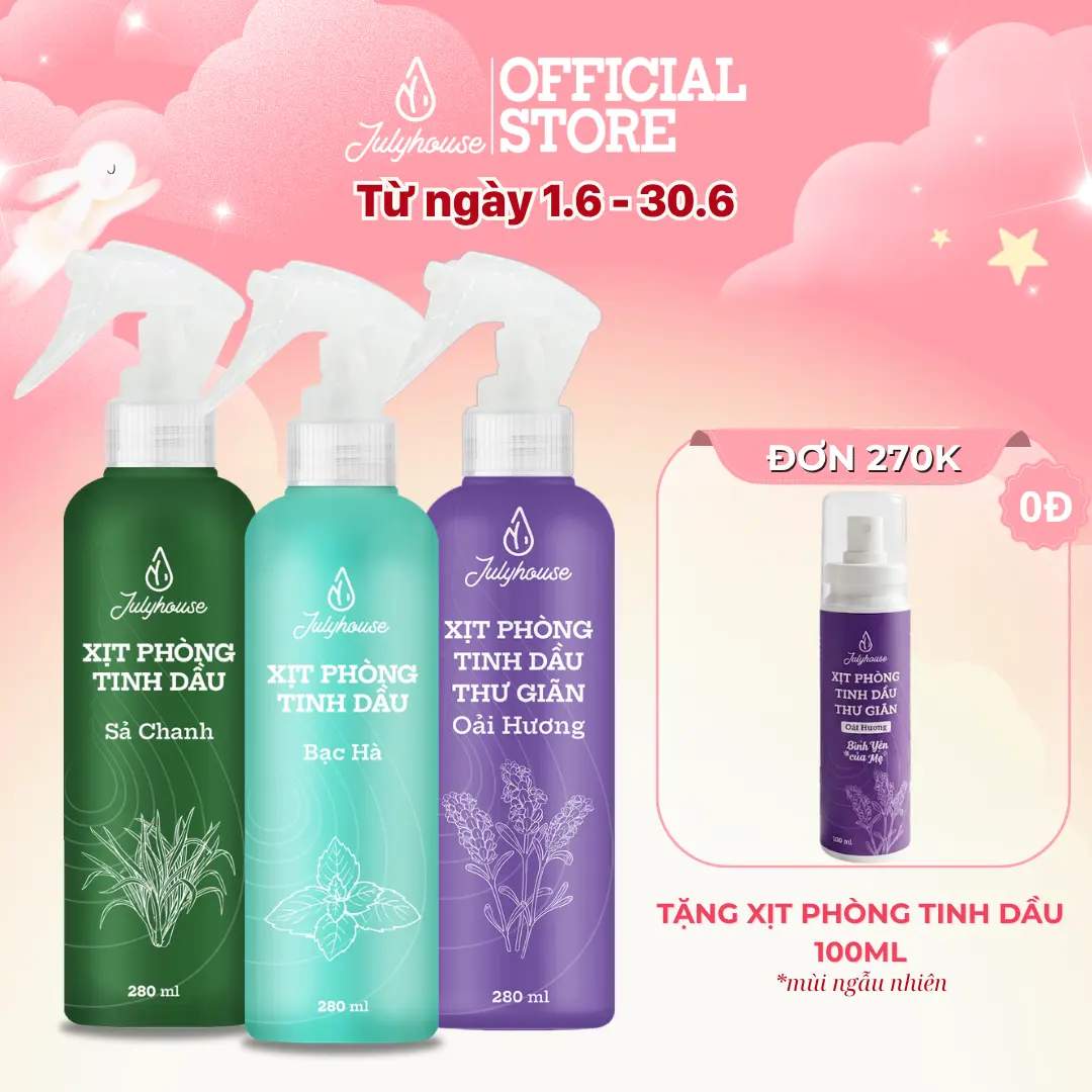 BÌNH XỊT PHÒNG TINH DẦU SẢ CHANH, BẠC HÀ, QUẾ, BẠCH ĐÀN CHANH JULYHOUSE 280ML/290ML KHỬ MÙI HIỆU QUẢ (MÙI TỰ CHỌN)