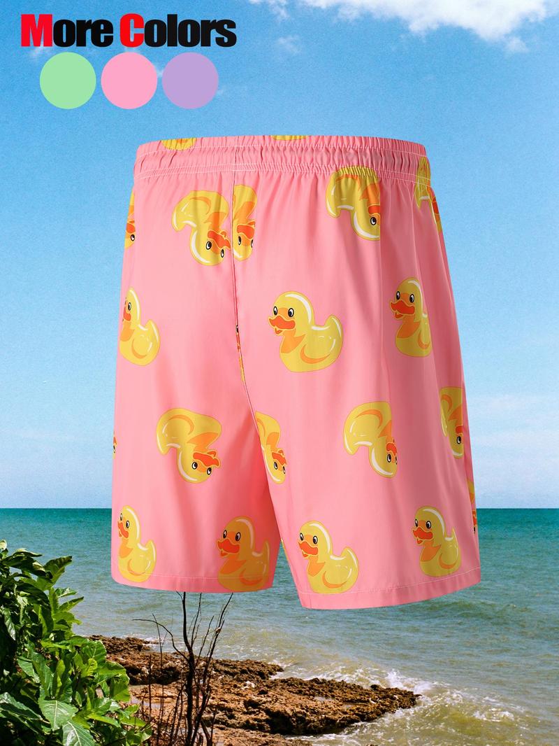 Product Introduction of Men's Cartoon Duck Print Beach Shorts, Casual Breathable Quick Drying Shorts for Summer, Men's Bottoms for Beach Vacation 2