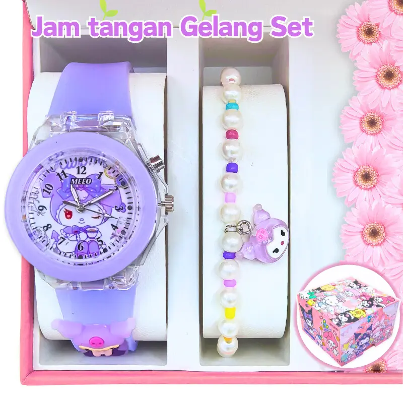 3PC Set Jam tangan anak perempuan gelang set KUROMI Jam Tangan  merah muda Jarum Lampu LED Fashion
