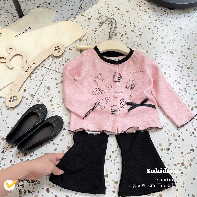 7-25kg Set Len Lông Thỏ mềm mại quần loe + cúc bọc sang xịn mịn cho bé gái thu đông