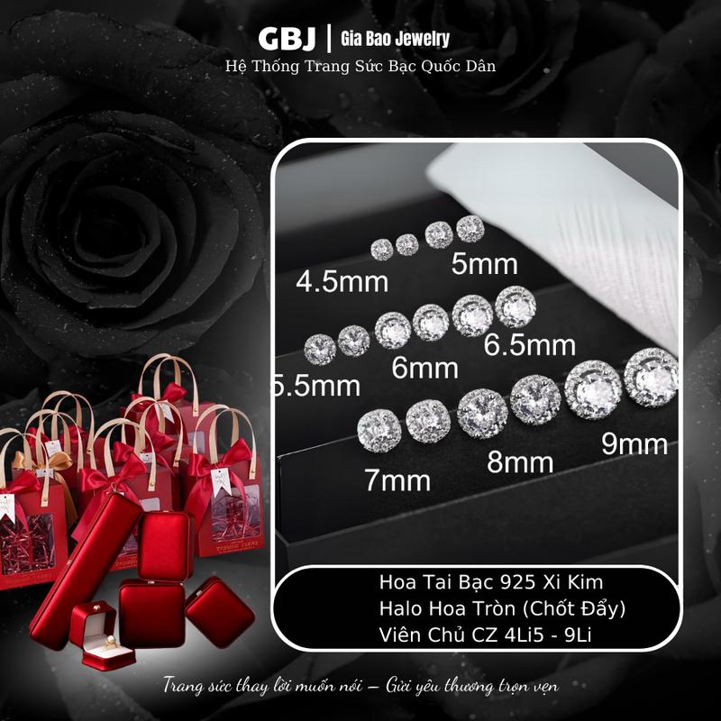 Hoa Tai Bạc Halo Hoa Tròn Viên Chủ CZ 4Li5 - 9Li (chốt đẩy) XI KIM Sang Trọng Dành Cho Nữ GBJ1603