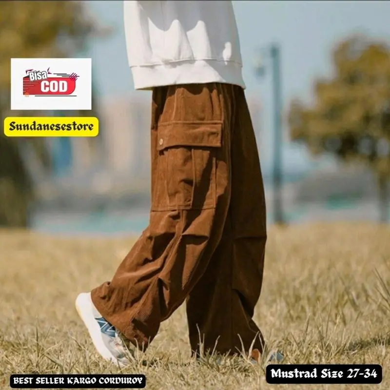 Celana cargo corduroy baggy loose ants Mustard Panjang Pria Polos Santai Basic Formal Kain Tebal Nyaman Lembut Casual