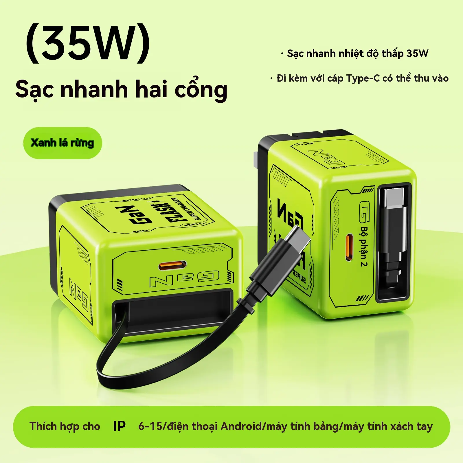 Bộ sạc Gallium Nitride, 120W, đi kèm với cáp Có Thể Thu Vào và đầu sạc Phù Hợp Với IP Dòng, Tương Thích Với Nhiều Điện Thoại Di Động Sạc Siêu Nhanh