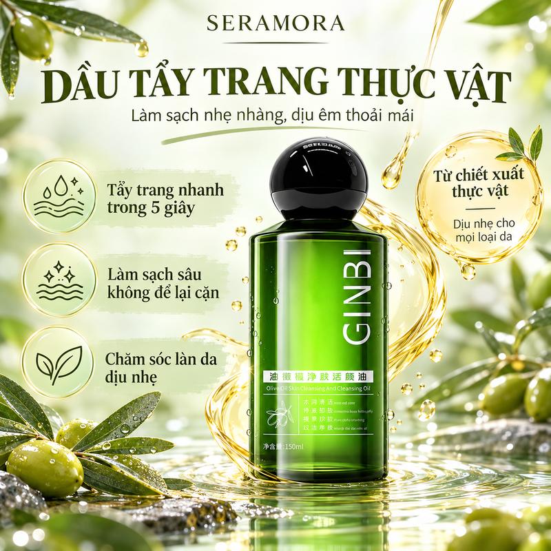 Dầu Tẩy Trang GINBI 150ml Chiết Xuất Dầu Oliu, Làm Sạch Lớp Trang Điểm, Kem Nền, Son Môi Và Bụi Bẩn, Kết Cấu Mỏng Nhẹ, Dễ Nhũ Hóa Khi Gặp Nước, Giúp Da Sạch Thoáng, Mềm Mịn, Không Gây Cảm Giác Nhờn Rít