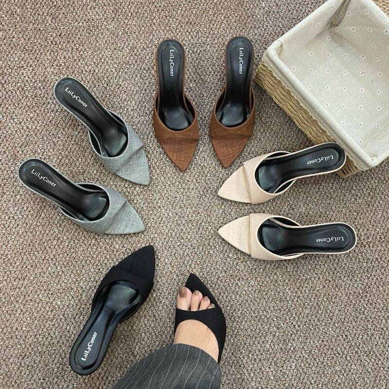 Dép Cao Gót Mũi nhọn gót 7Cm Chất liệu Da vải Jean thiết kế kiểu quai ôm chân dễ mang tôn dáng tôn da sang chảnh cá tính DH 0038