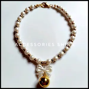 Kalung Kucing Mutiara combi Manik Emas Liontin Pita mix Lonceng Gold 12mm