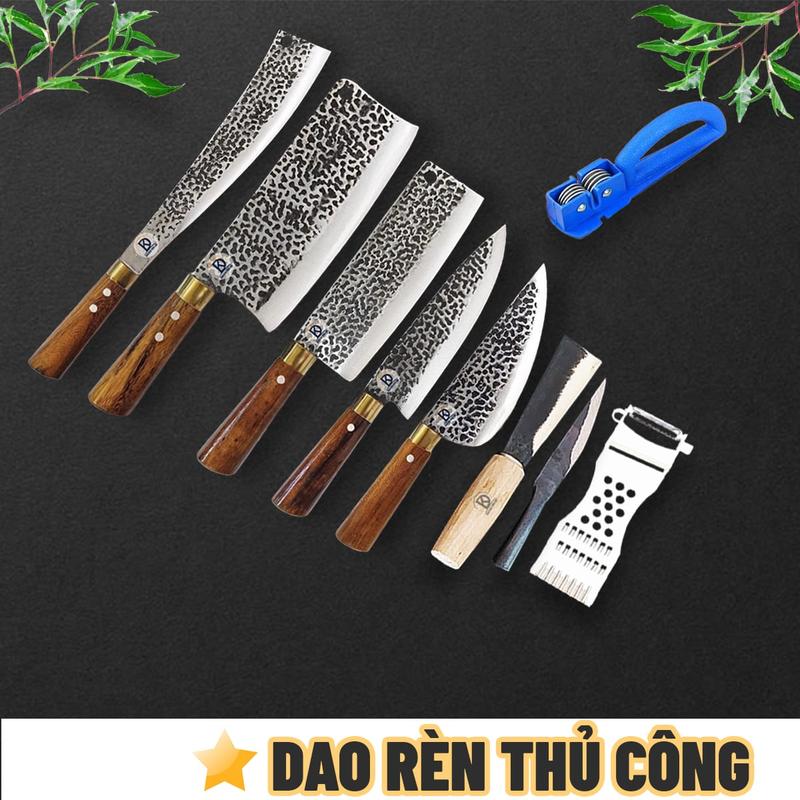 Bộ dao 9 món nhà bếp cao cấp rèn thủ công lưỡi dao sắc bén - Dao kéo Tiến Lộc