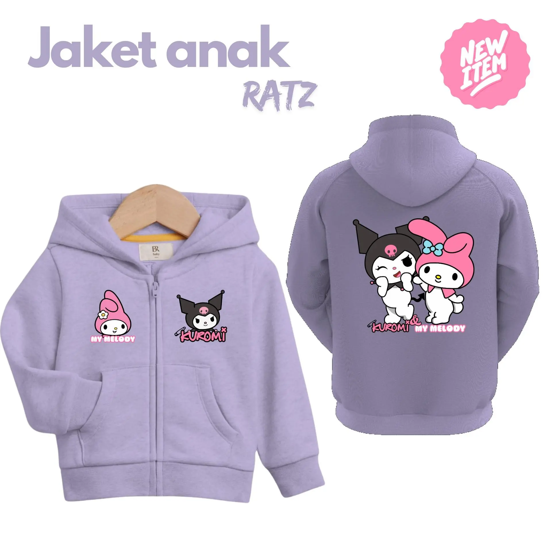 Jaket Zipper Anak Perempuan Kuromi & My Melody Cotton Fleece, Usia 2-12 Tahun - Fashion, Hoodie