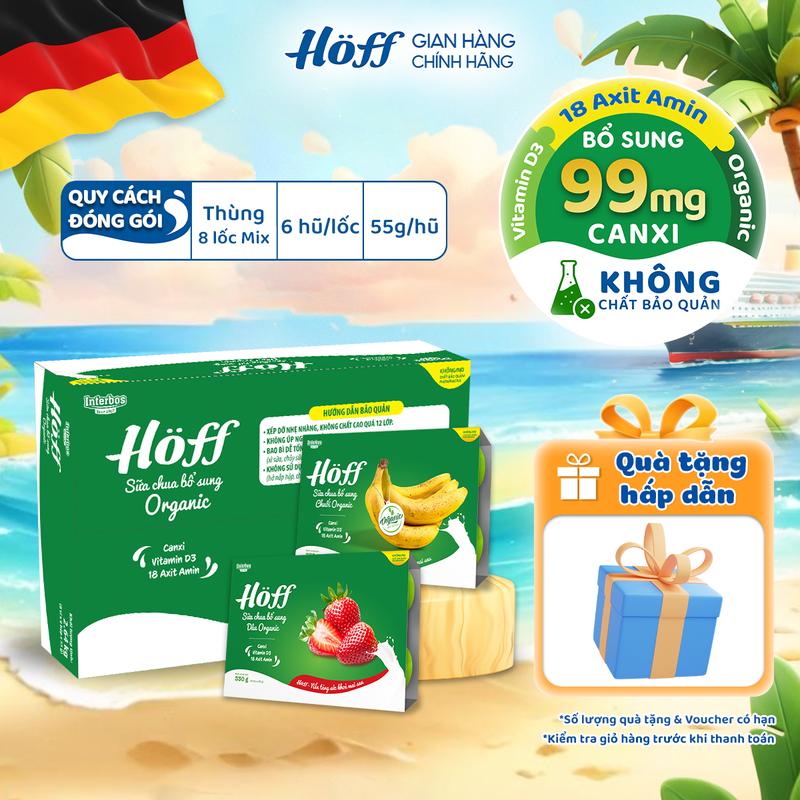 Thùng Sữa chua cho bé ăn dặm Hoff mix vị bổ sung Dâu Organic, Chuối organic bổ sung dinh dưỡng canxi axit amin vitamin D3 men vi sinh hỗ trợ hệ tiêu hóa hỗ trợ phát triển chiều cao thùng 8 lốc (48 hộp x 55g)