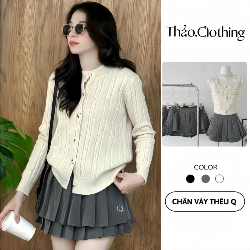 CHÂN VÁY XẾP LY 2 TẦNG THÊU CHỮ Q Có Quần Bảo Hộ Kem Voan Voi S106 chân váy xám tầng
