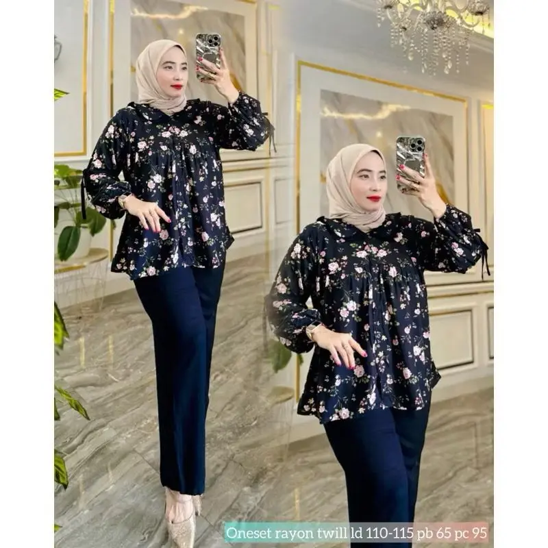 Setelan Elora Plisket Premium // Setelan Rayon Kombinasi Elora Motif Viral / Setelan Wanita 3