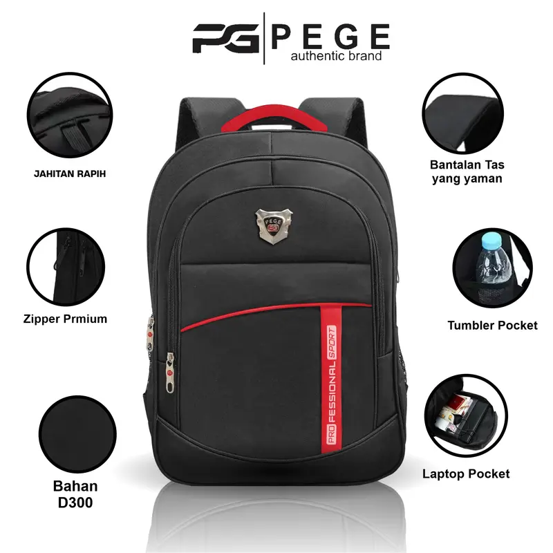 Tas Ransel Laptop Pria PEGE Cavan Tas Punggung Hitam Stripe Merah Gaya Elegan dan Casual - PG 29 6