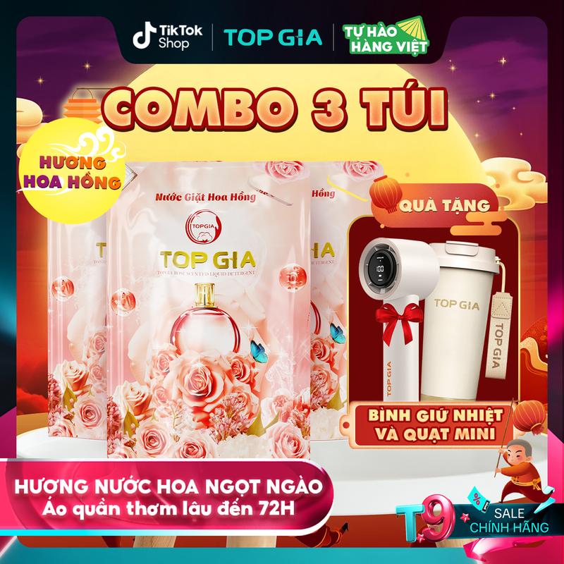 [TẶNG BÌNH + QUẠT] Combo 3 Túi  Nước giặt Lavender, Hoa Hồng TOPGIA 1L Tặng 1 Bình Giữ Nhiệt TOPGIA 500ML + 1 Quạt Mini Cầm Tay - Nước giặt xả quần áo ngừa khuẩn, hỗ trợ làm sạch, an toàn cho bé và lưu hương dài lâu, (1L) nth