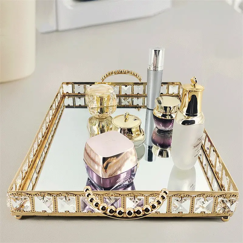 Nampan Kaca Kristal Gold Gagang Diamond Europe Gold Tray / Pajangan Nampan / Dekorasi Home Decoration Kitchenware 4
