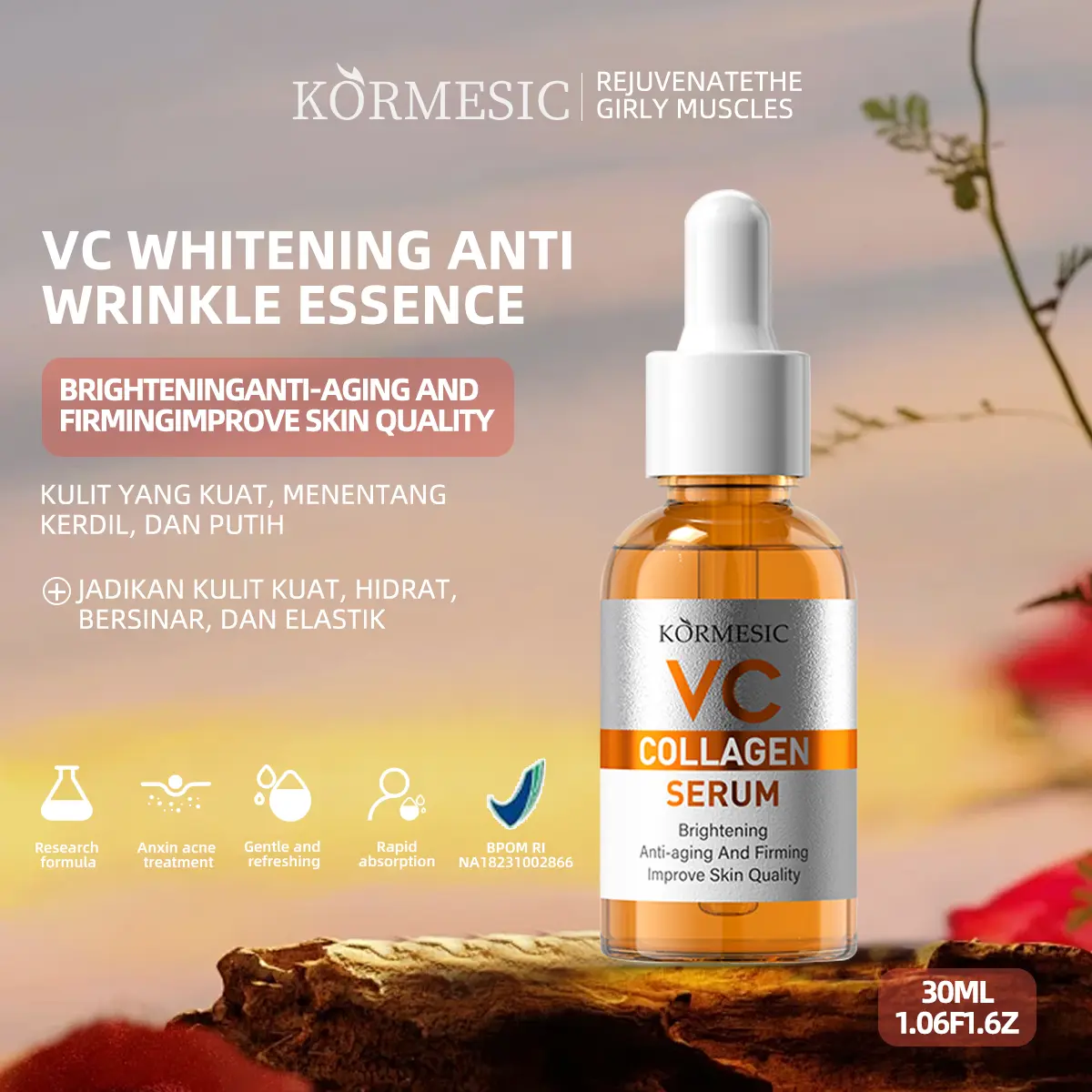 BPOM-Serum KORMESIC VC+ Kolagen, Pemutihan  Pencerahan  Pelembap  Menenangkan, Anti-Penuaan, Anti-Kedut Penjagaan Kulit 30ml - Mencerahkan Wajah Essence Aging Perawatan Wanita Pria Hitam Bopeng Hyaluronic