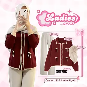setelan wanita one set 3in1 ( Cardigan Pita + Celana Ivory + Hijab segi empat + Kacamata ) Korean DM008N Muslim Panjang Atasan Casual Baju Tebal Oversize Variasi Karet Dewasa Melar