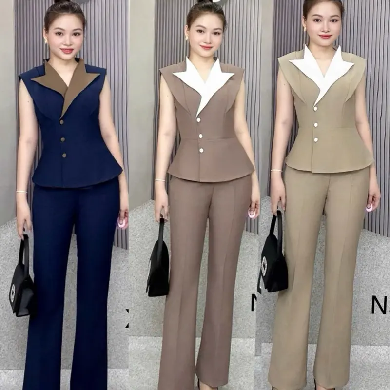 Sét vest cổ phối hàng thiết kế chất coton lạnh Hàn mềm mại quần dáng loe nhẹ (21-22cm)(dài 95 cm)#Xuongmaykimkhoi #setbothietke