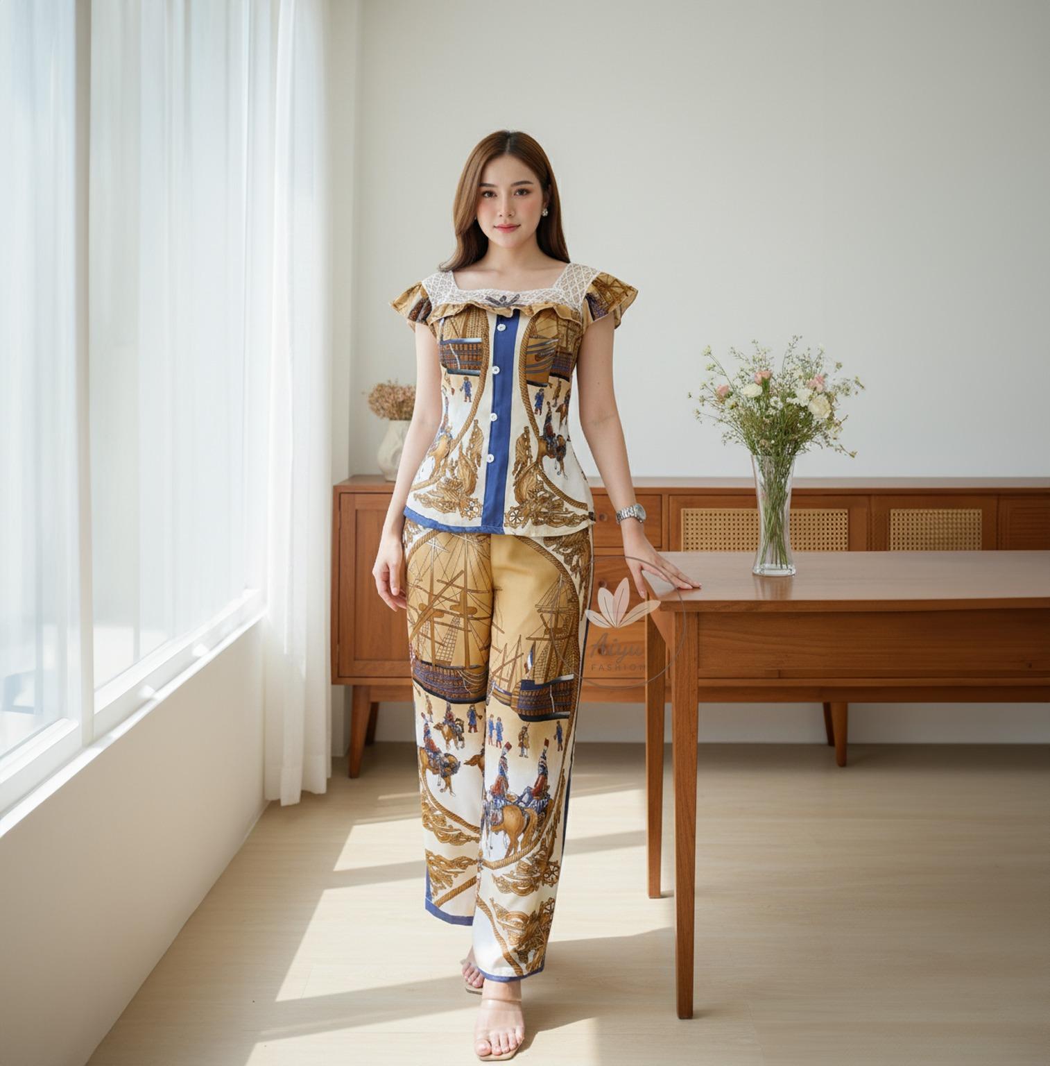 AF | One Set Mutya Matsilk Motif Tanpa Lengan Dan Celana Panjang Casual Simple Elegant Style Wanita