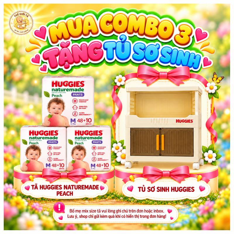 Combo 3 gói tã quần Huggies Nature Made Peach size M48+10/L44/XL38/2XL26 - TẶNG TỦ SƠ SINH