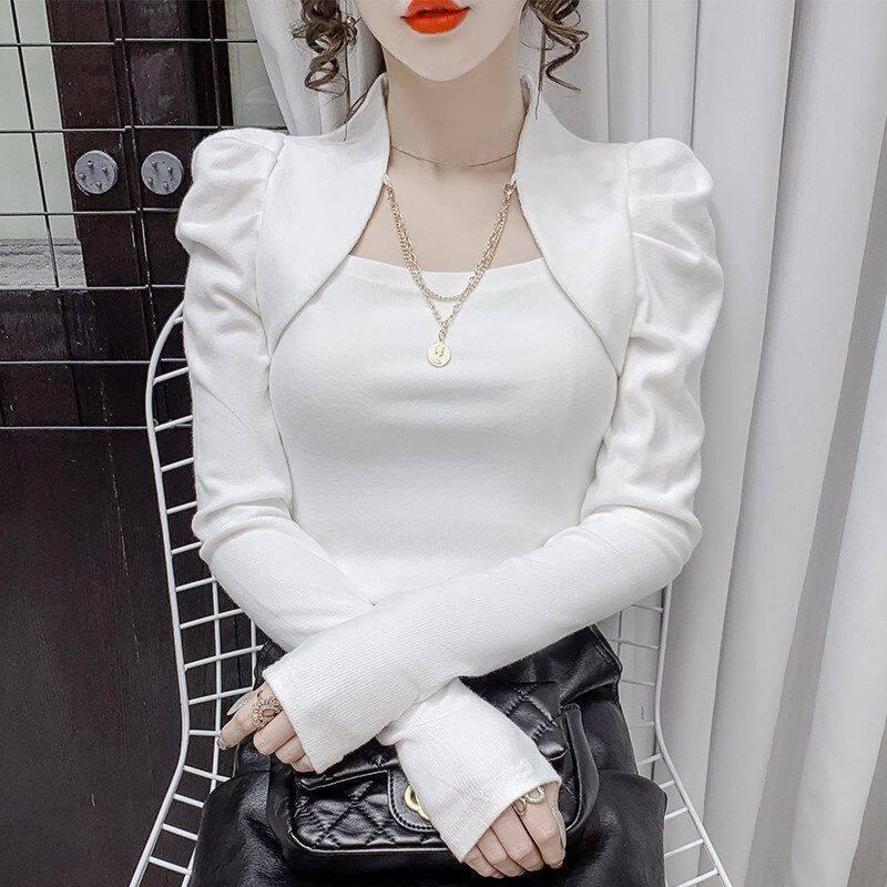 Áo Sơ Mi Nữ Đẹp 2024 Áo kiểu aki20 cho nữ áo phông hai mảnh giả cổ vuông tay áo bong bóng Áo sơ mi nữ mùa xuân 2023 mới thời trang phong cách phương Tây giảm tuổi